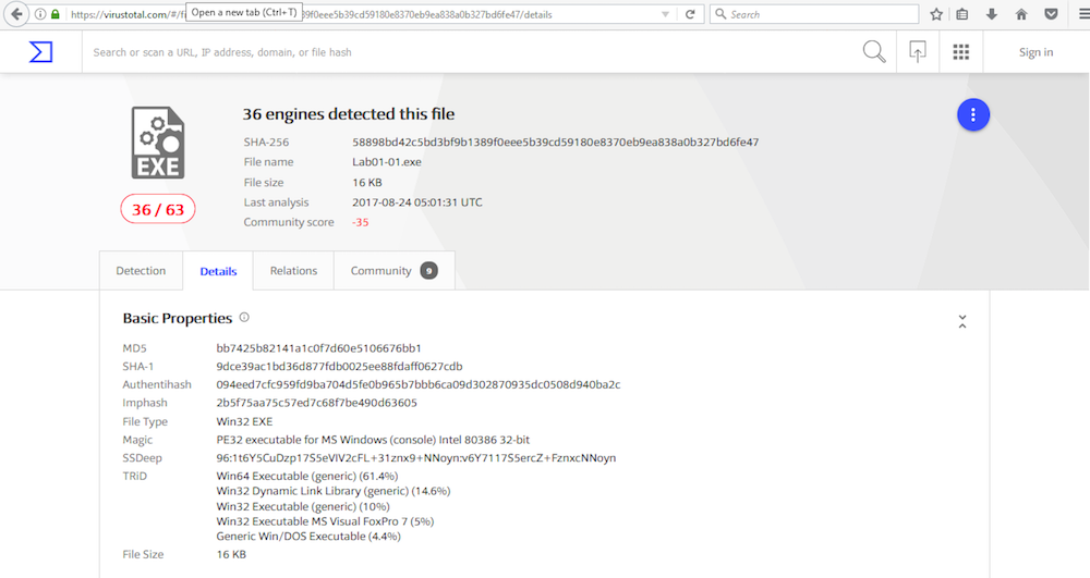 Lab01-01.exe Virus Total 2